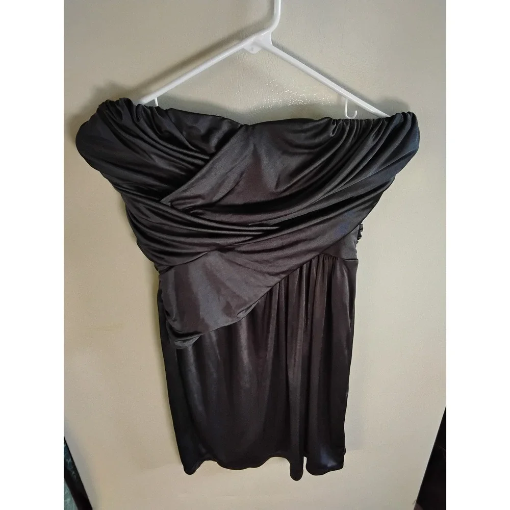 Express Black Satin Strapless Draped Crossover Mini Cocktail Dress Womens Medium